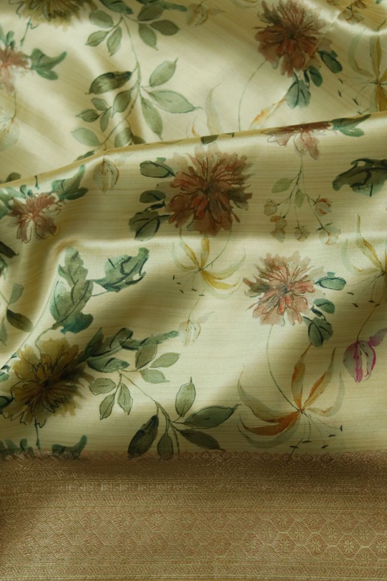 Traditional Floral Dola Silk Saree in Pastel Yellow - Ideal for Festive view 4
