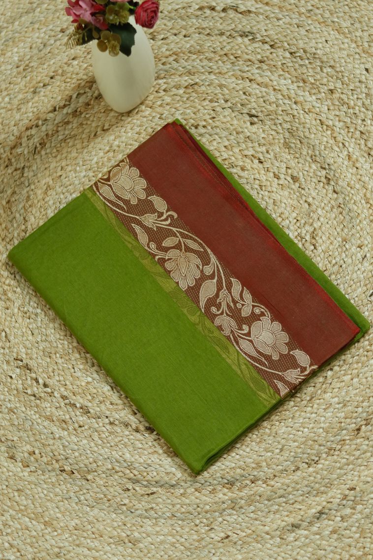Bengal Pure Cotton Saree in Moss Green Shade view 1