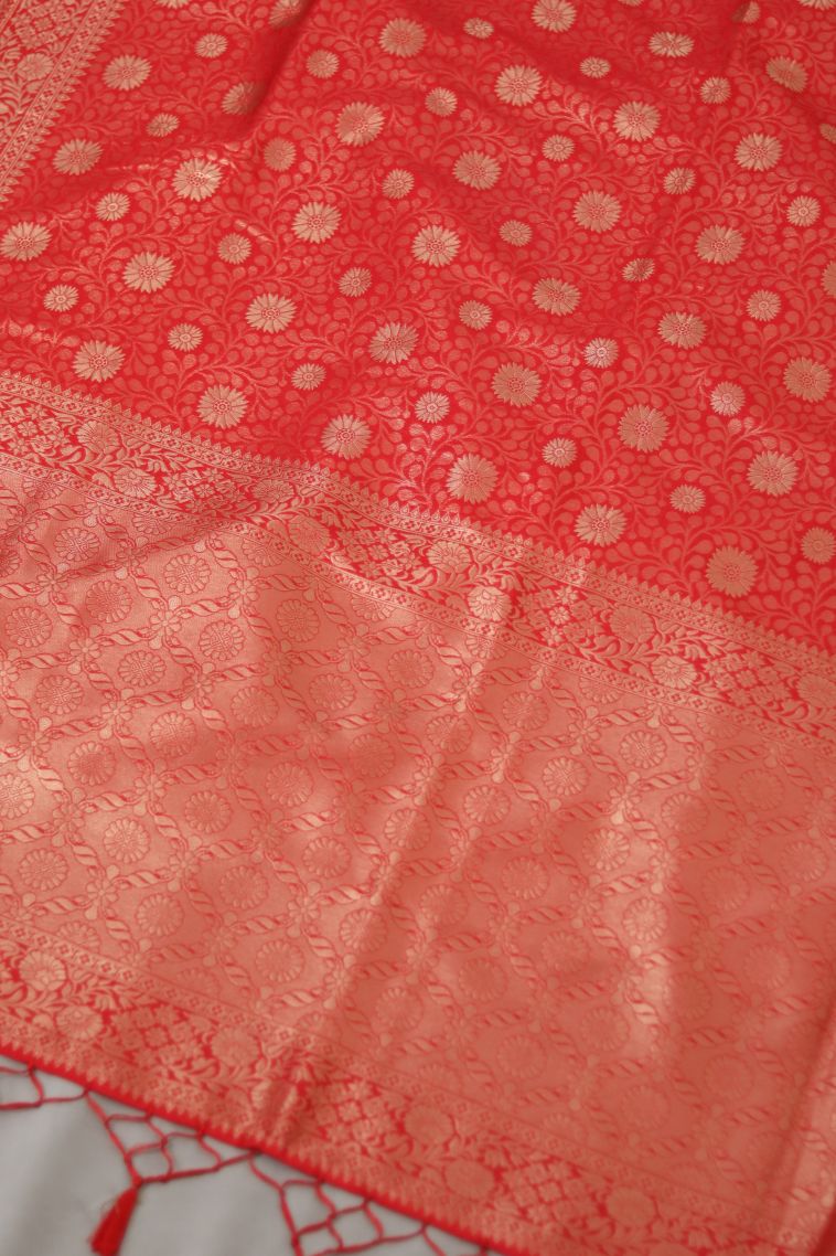 Classic Semi-silk Saree in Red-orange (kumkuma Red) view 2