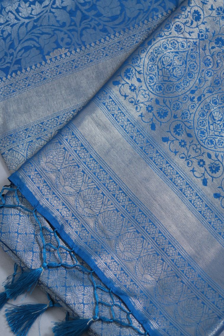 Elegant Peacock Blue Semi-silk Saree with Floral Detailing view 1