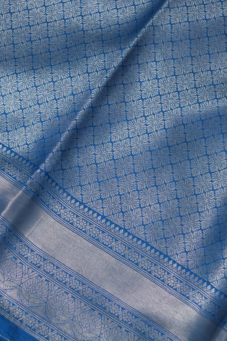 Elegant Peacock Blue Semi-silk Saree with Floral Detailing view 3