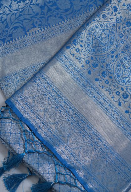 Elegant Peacock Blue Semi-silk Saree with Floral Detailing