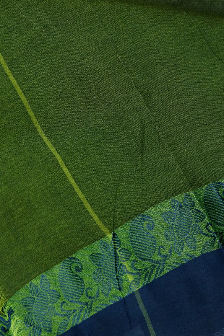 Bengal Pure Cotton Saree in Light Olive Green Shade with Navy Blue Border view 3