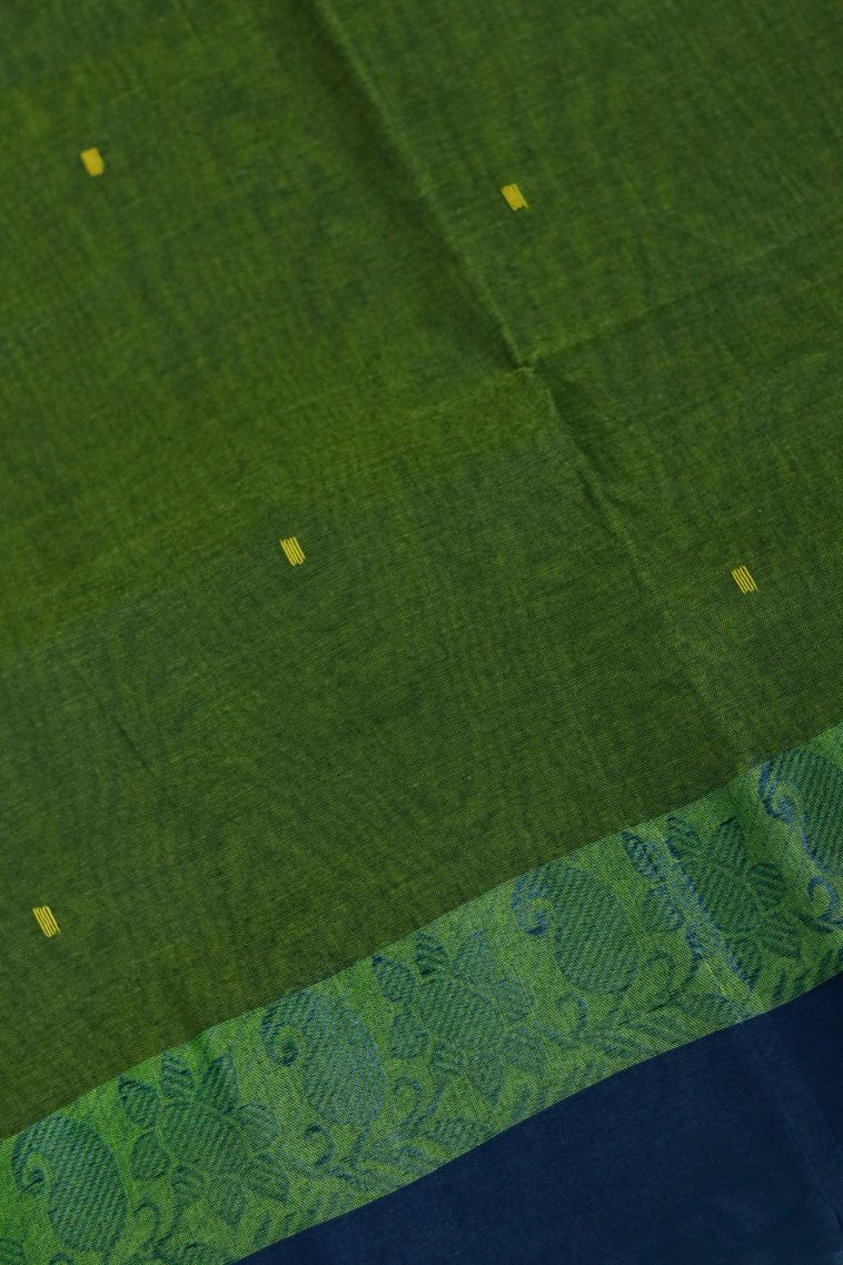 Bengal Pure Cotton Saree in Light Olive Green Shade with Navy Blue Border view 4