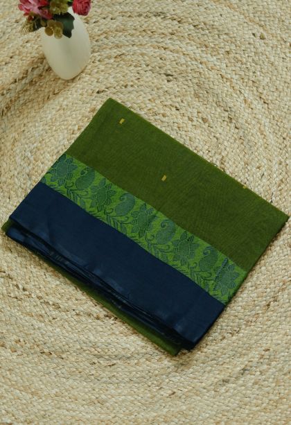 Bengal Pure Cotton Saree in Light Olive Green Shade with Navy Blue Border