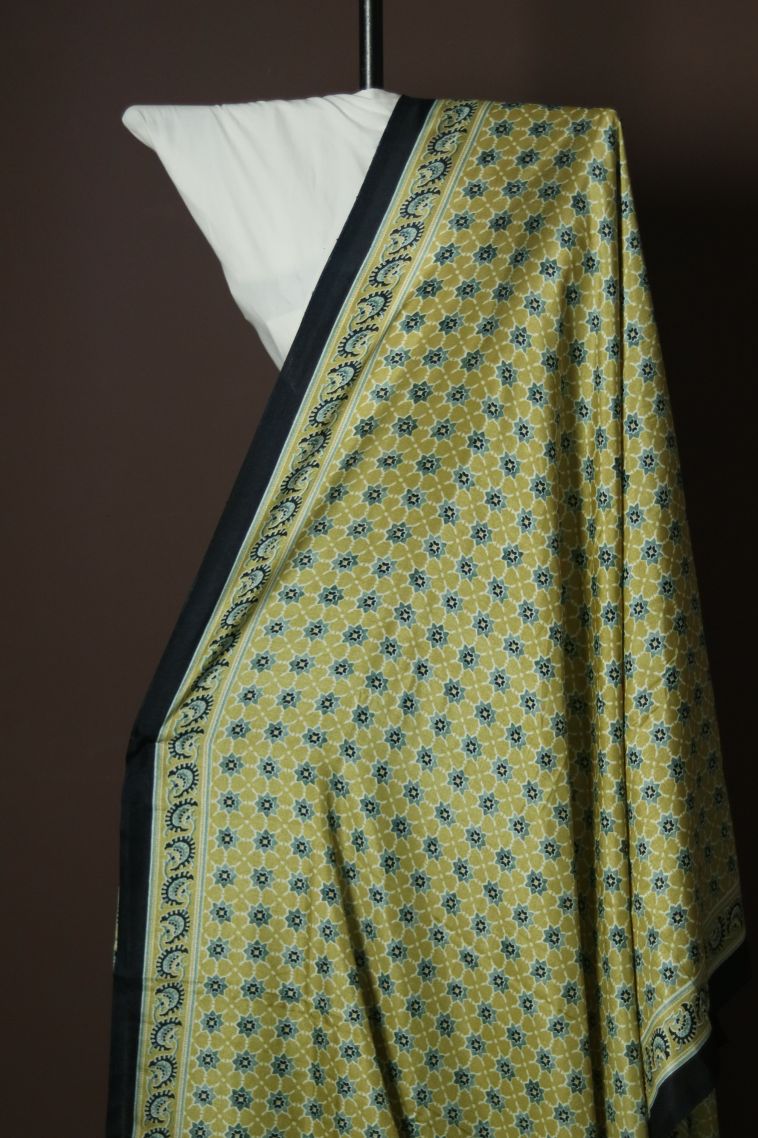 Daily Wear Modal Silk Saree in Golden Moss Green with Printed Accents view 1