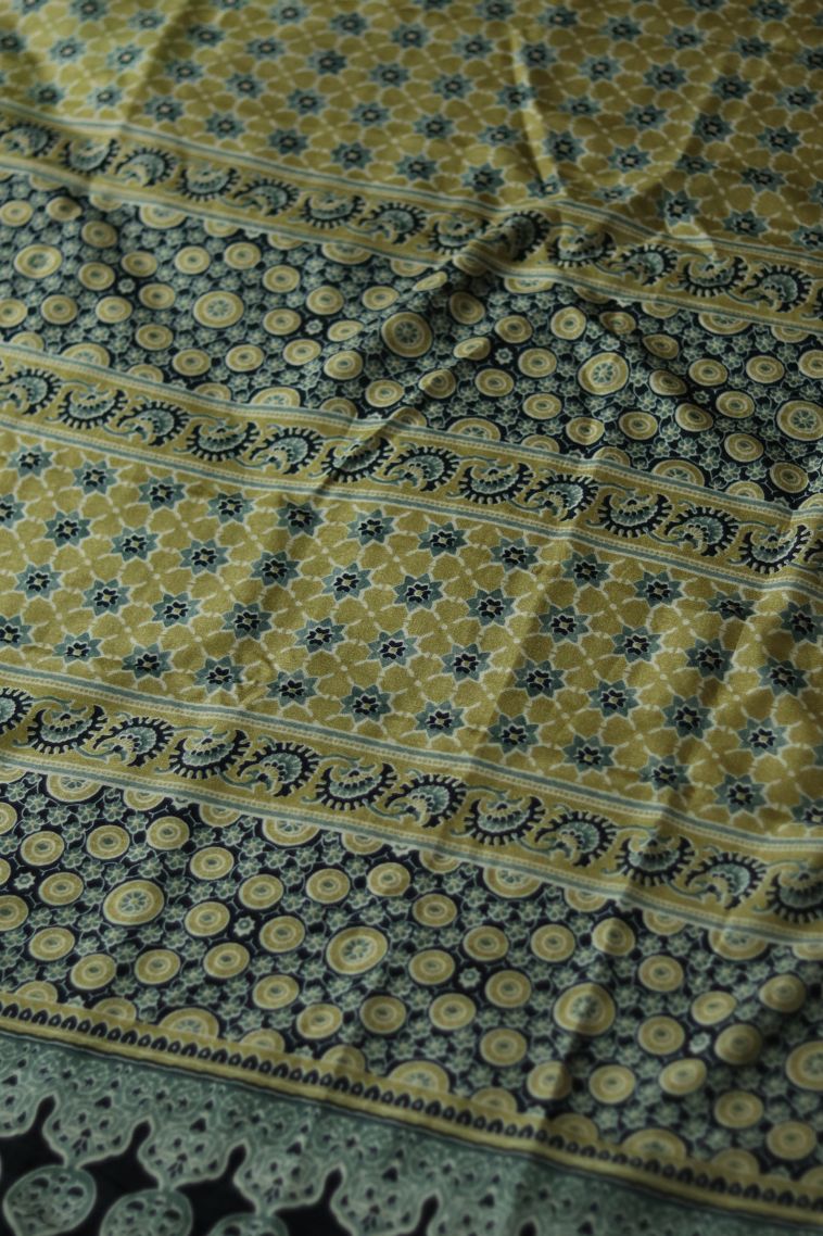 Daily Wear Modal Silk Saree in Golden Moss Green with Printed Accents view 2