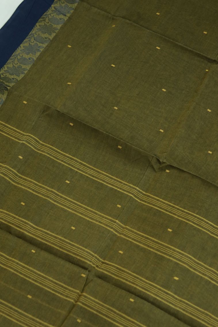Classic Bengal Pure Cotton Saree in Olive Gree view 2