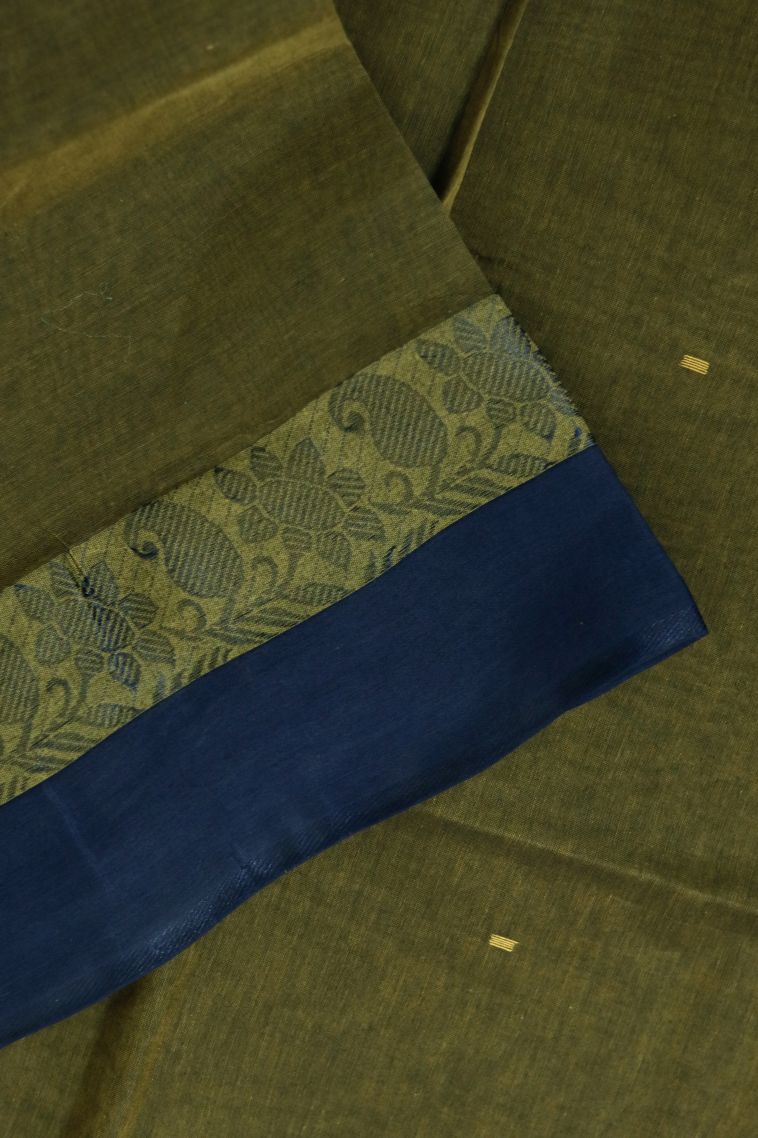 Classic Bengal Pure Cotton Saree in Olive Gree view 4