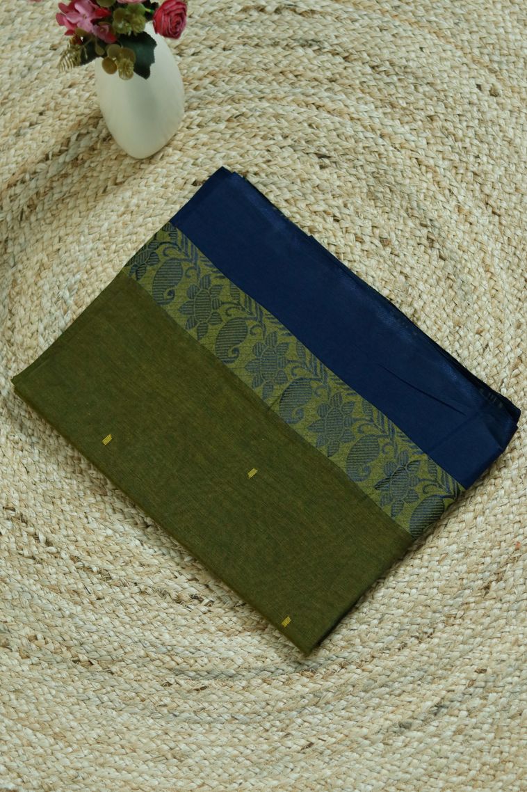 Classic Bengal Pure Cotton Saree in Olive Gree view 1