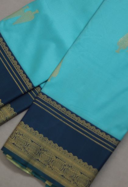 Semi-silk Saree in Bright Blue Shade with Gold Zari Detailing