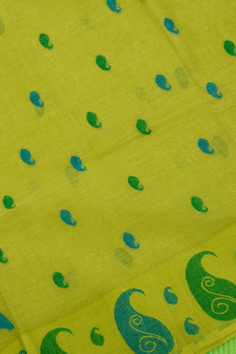 Everyday Wear Bright Yellow-green Bengal Pure Cotton Saree - Comfortable and Stylish view 4