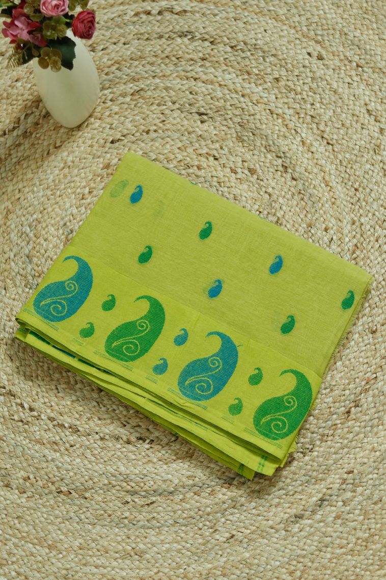 Everyday Wear Bright Yellow-green Bengal Pure Cotton Saree - Comfortable and Stylish view 1