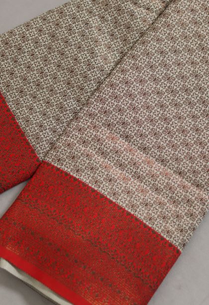 Modern Semi-silk Saree in Pastel Yellow with Designer Jacquard Border in Brown