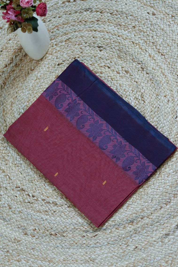 Elegant Bengal  Pure Cotton Saree in Raspberry with Floral Motifs Border - Perfect for Daily Wear view 1