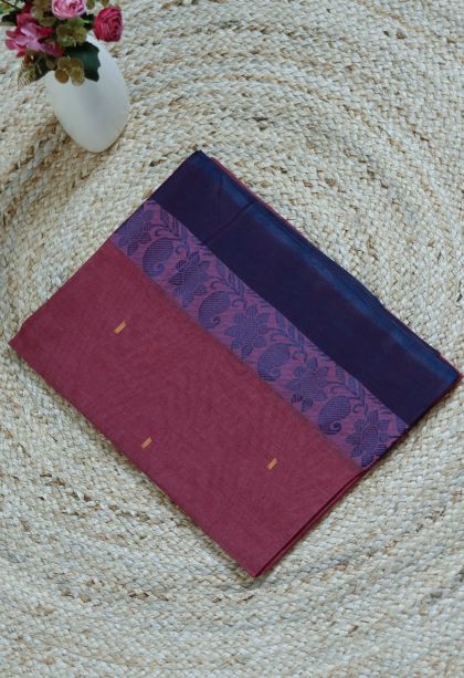 Elegant Bengal  Pure Cotton Saree in Raspberry with Floral Motifs Border - Perfect for Daily Wear