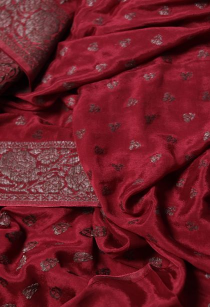 Elegant Crimson Red Banarasi Saree with Subtle Buti Detailing
