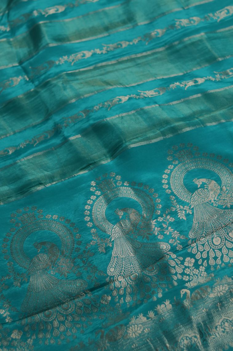 Designer Banarasi Saree in Peacock Blue with Elegant Abstract Motif Border view 2