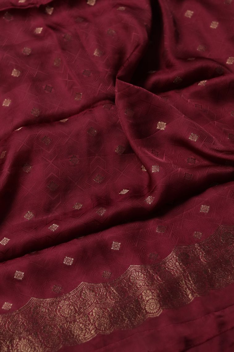 Elegant Maroon-red Banarasi Saree with Subtle Buti Detailing view 2