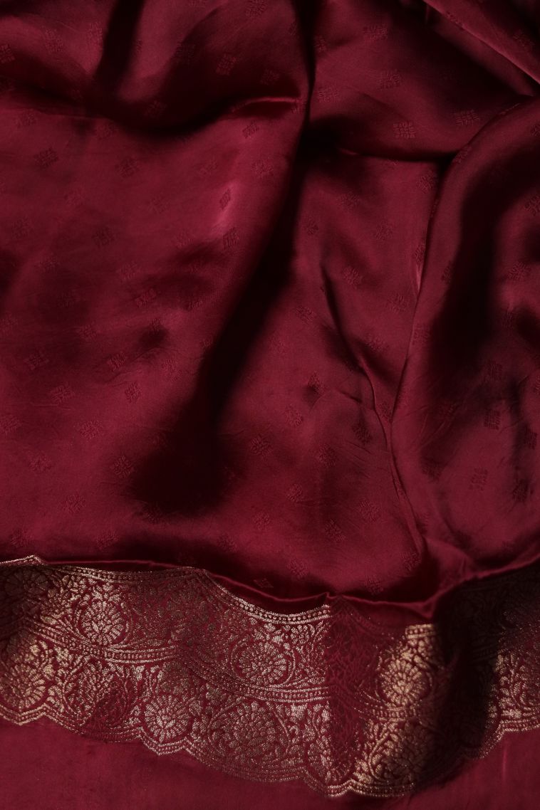 Elegant Maroon-red Banarasi Saree with Subtle Buti Detailing view 3