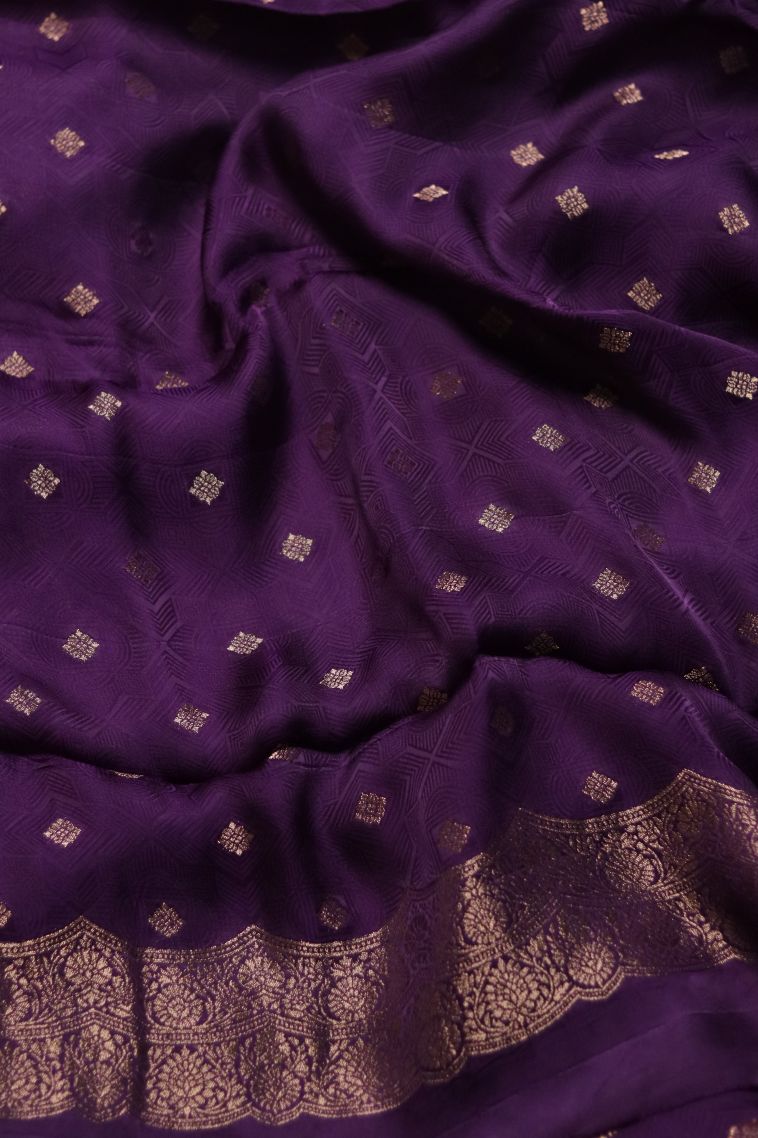 Designer Banarasi Saree in Deep Purple with Elegant Floral Motifs Border view 2