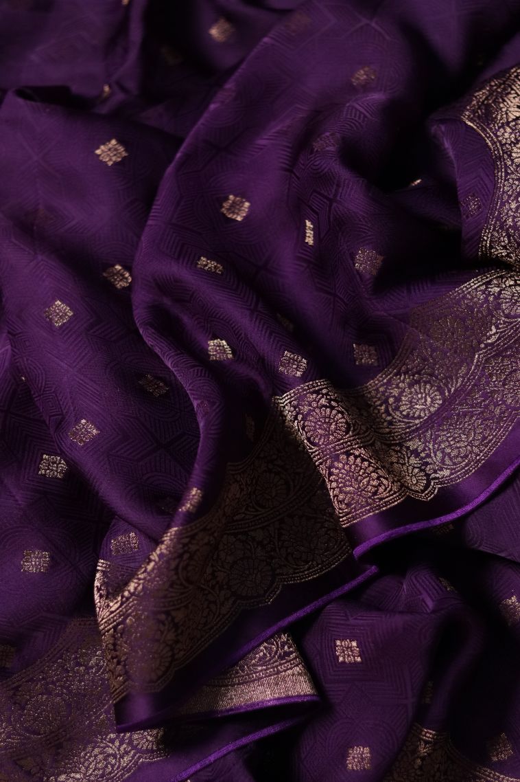 Designer Banarasi Saree in Deep Purple with Elegant Floral Motifs Border view 4