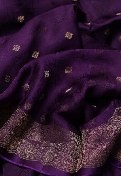 Designer Banarasi Saree in Deep Purple with Elegant Floral Motifs Border