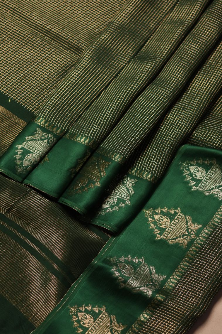 Traditoinal Banarasi Saree in Dark Green with Designer Motifs Border view 1