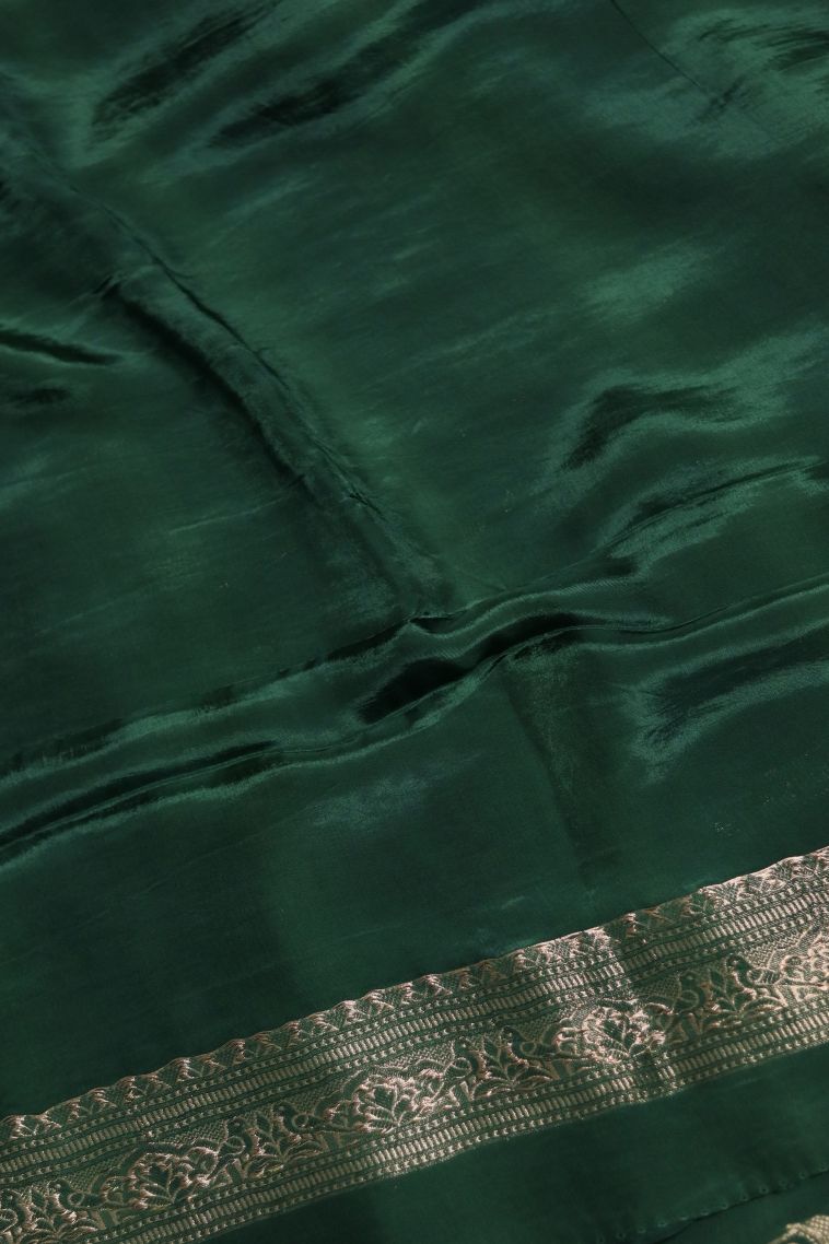 Elegant Dark Green Banarasi Saree with Floral Stripes Detailing view 3