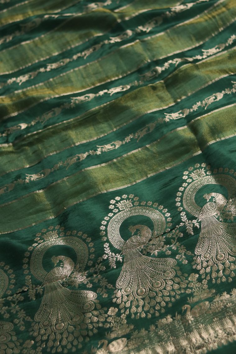 Elegant Dark Green Banarasi Saree with Floral Stripes Detailing view 2