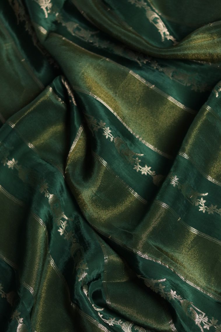Elegant Dark Green Banarasi Saree with Floral Stripes Detailing view 4