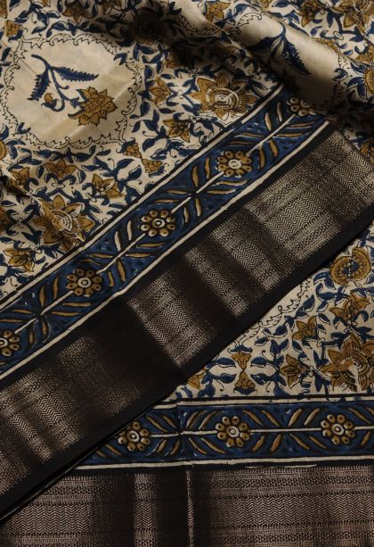 Festive Wear Chanderi Saree with Elegant Navy Blue Floral Motifs Finish