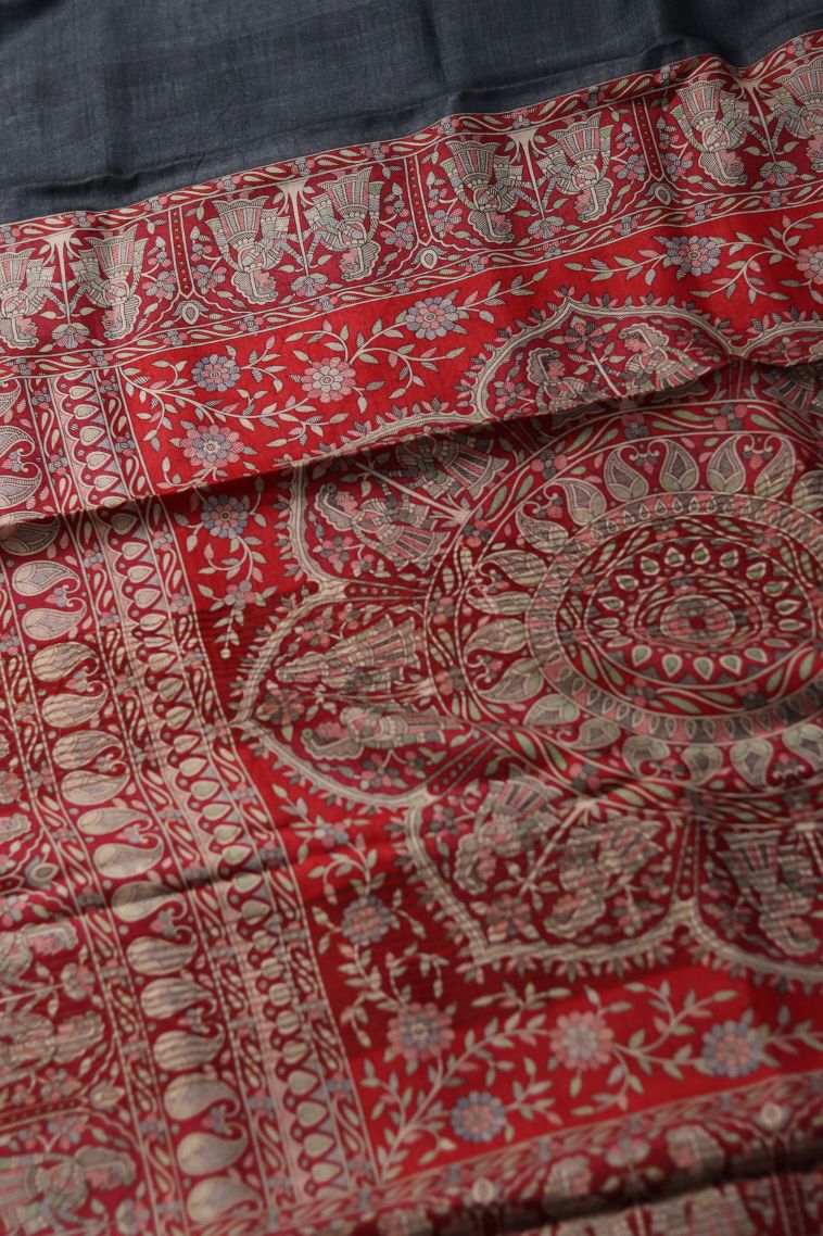 Festive Wear Tusser Silk Saree in Blue-Grey with Printed Accents view 1