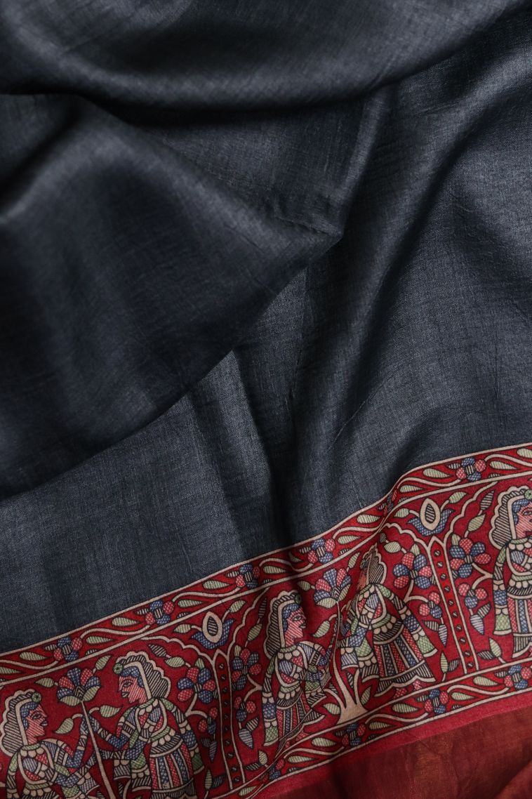 Festive Wear Tusser Silk Saree in Blue-Grey with Printed Accents view 3