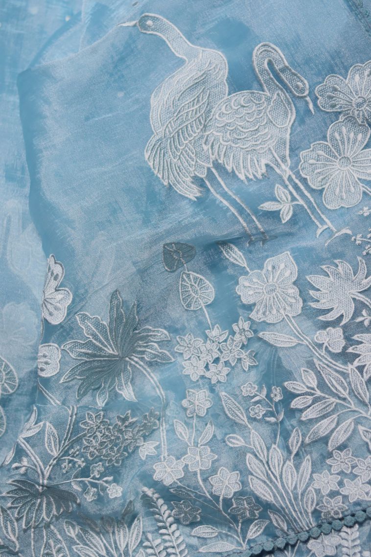 Organza Saree in Light Blue Shade with Floral and Nature Designs view 1