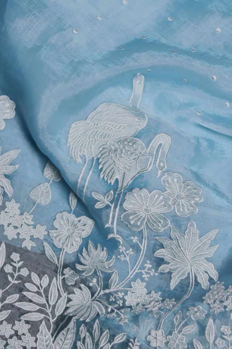 Organza Saree in Light Blue Shade with Floral and Nature Designs view 2