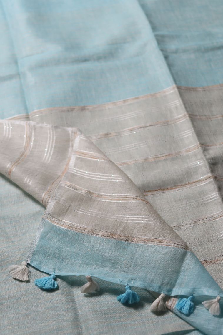 Elegant Linen Saree with Pastel Blue Solid Body view 2