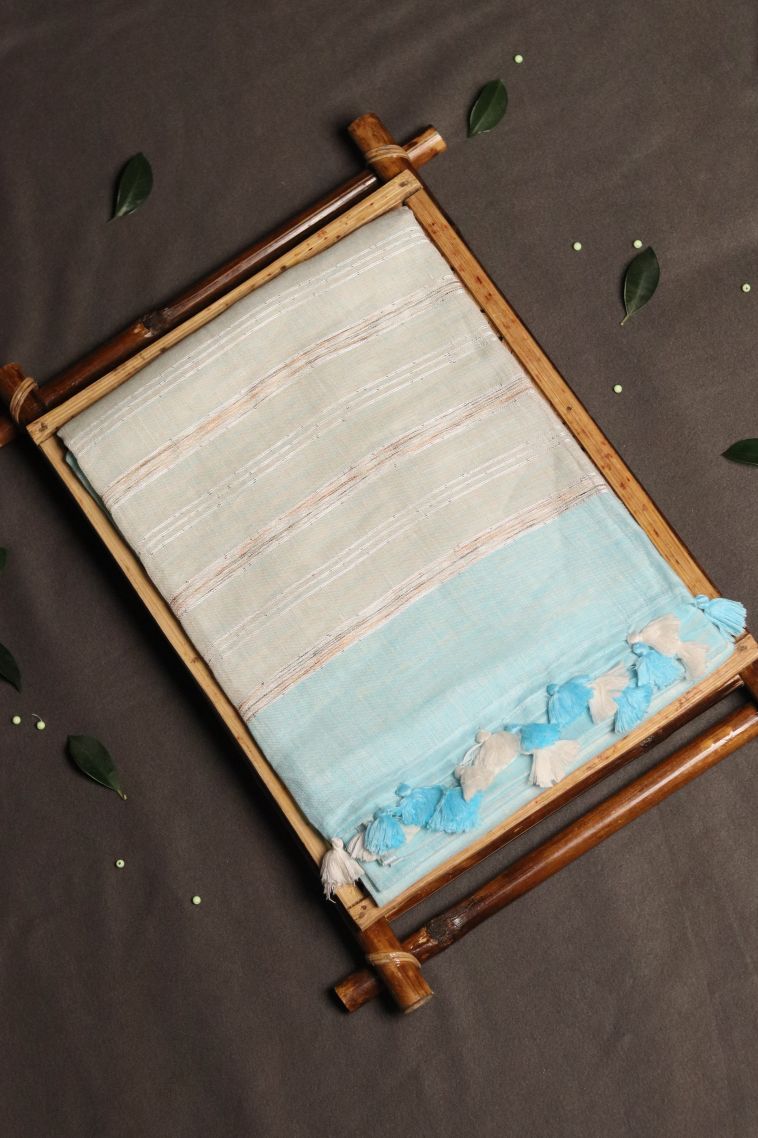 Elegant Linen Saree with Pastel Blue Solid Body view 1