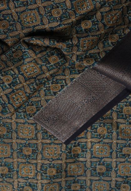 Chanderi Saree in Peacock Blue with Printed Accents