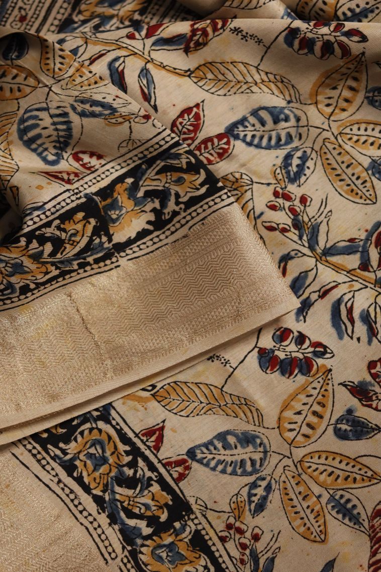 Modern Chanderi Saree in Pastel Yellow with Contrast Floral Motifs Border view 1