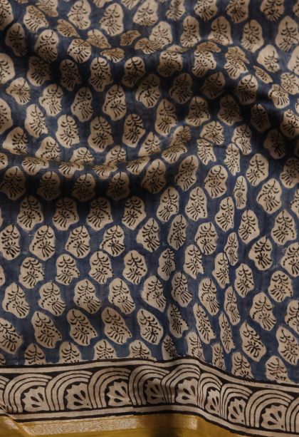 Designer Chanderi Saree in Blue with Elegant Abstract Motif Border