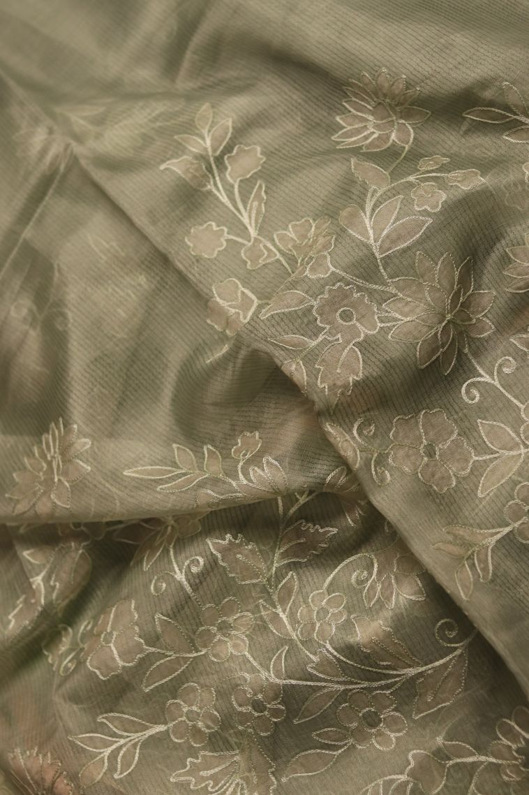 Party Wear Organza Saree in Moss Green with Embroidery Accents view 4