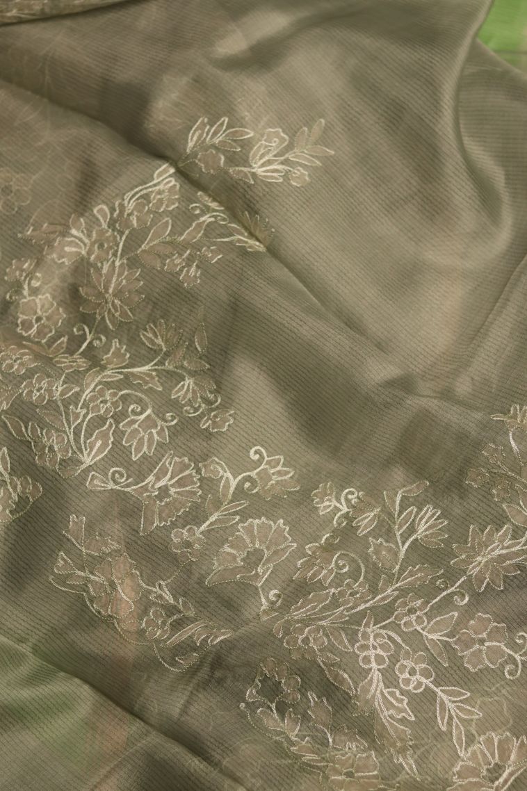 Party Wear Organza Saree in Moss Green with Embroidery Accents view 3