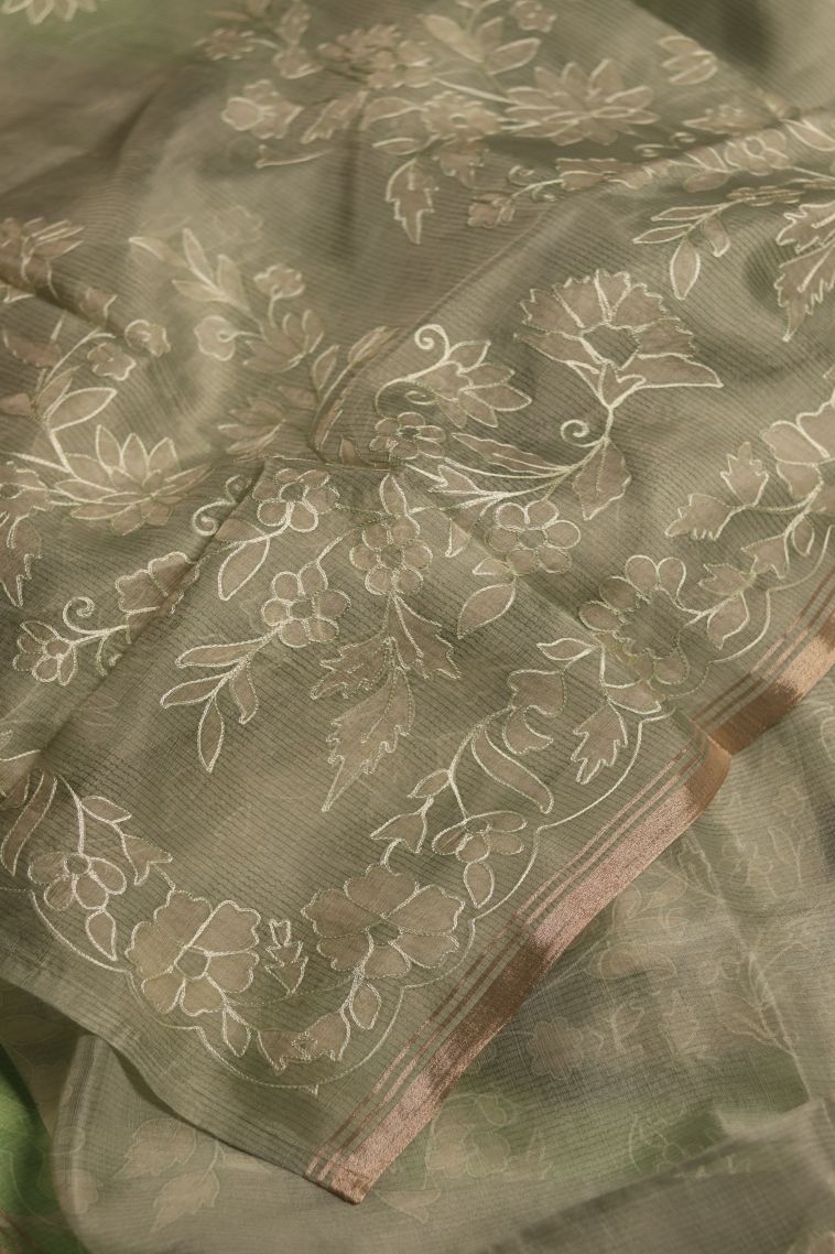 Party Wear Organza Saree in Moss Green with Embroidery Accents view 2