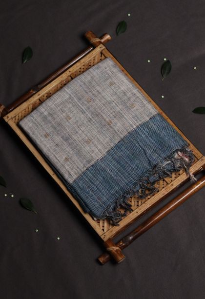 Linen Saree in Dark Steel Blue Shade