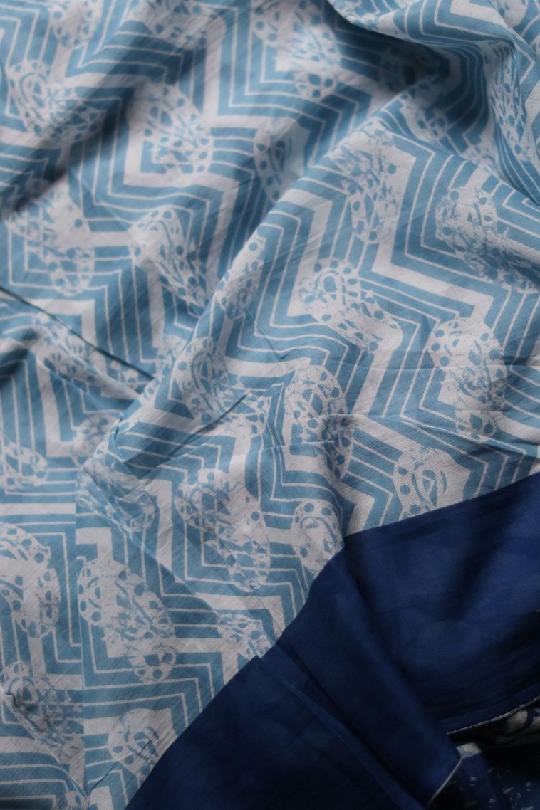 Designer Mul Cotton Saree in Pastel Blue with Elegant Solid Contrast Border view 3