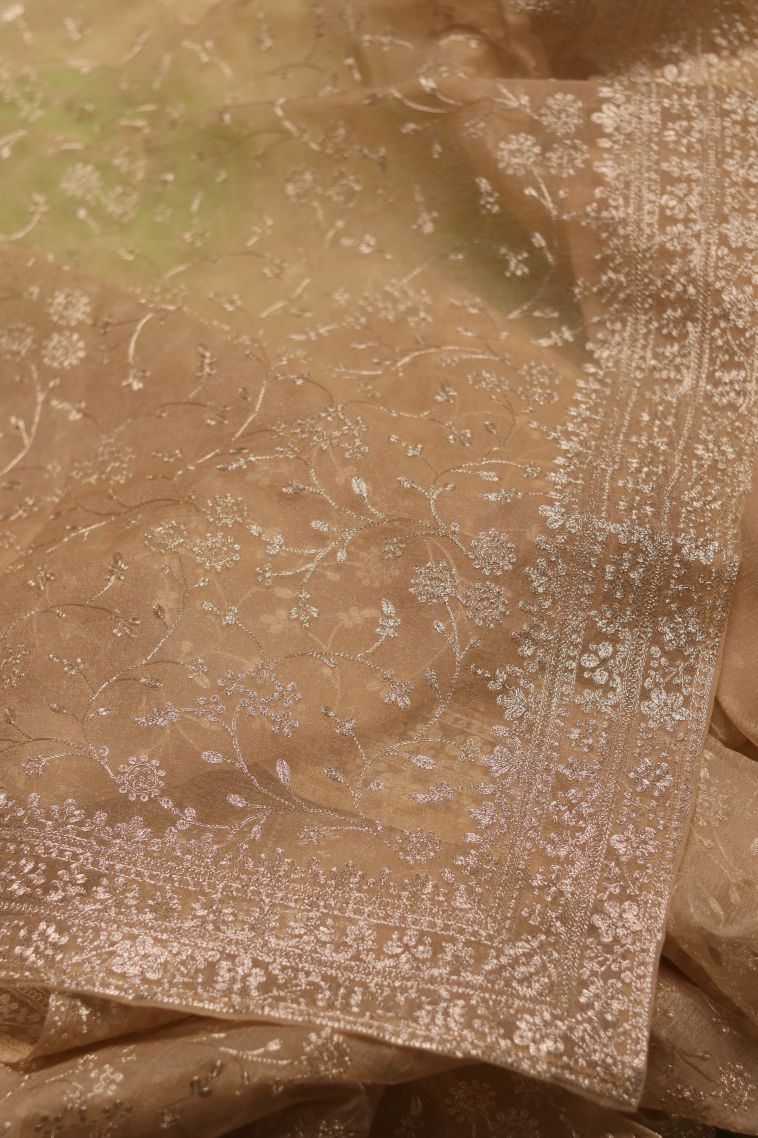 Elegant Mustard Yellow Organza Saree with Subtle Floral Detailing view 2
