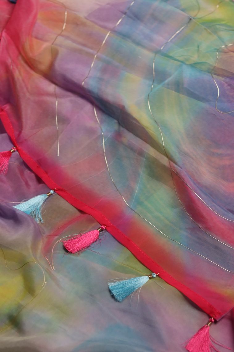 Party Wear Organza Saree with Elegant Tussles Finish view 2