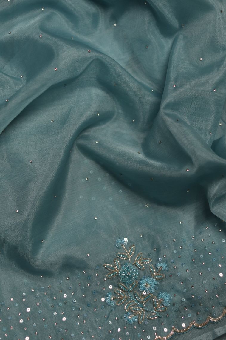 Designer Organza Saree in Blue with Elegant Floral Border view 1