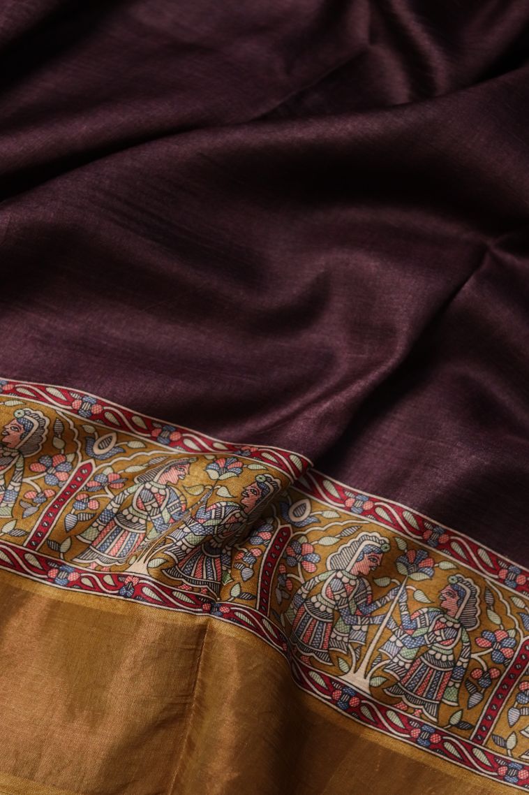 Party Wear Tusser Silk Saree in Maroon-red with Printed Accents view 4